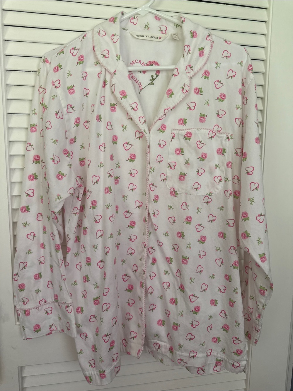 Victoria's Secret White Pajama Top with Pink Roses and Hearts